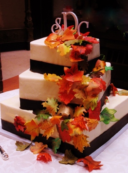 3 Tier Square with Chocolate Ribbon and Fondant Fall Leaves 0077